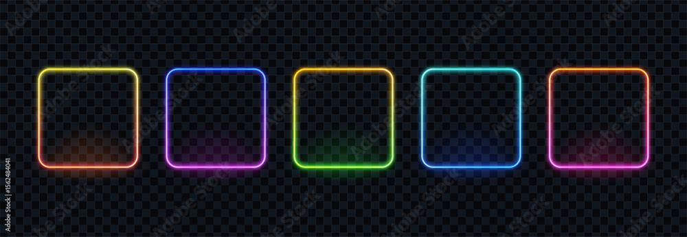 Aufkleber Set of five glowing neon frames with rounded corners on transparent background. Colorful luminous linear rectangle borders for design elements