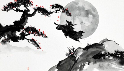 “Leaping Warrior Under Full Moon in Traditional Japanese Sumi-e Ink Painting