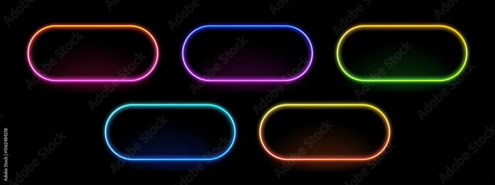 Aufkleber Set of diverse color neon oval frame background with glow effect. Blank geometric shape for text message design display.