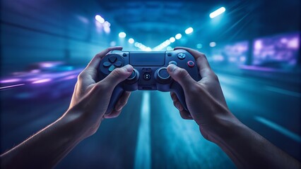 A person holds a video game controller in their hands, immersed in a dynamic racing game set in a neonlit tunnel