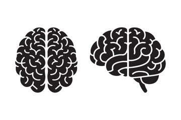 Stylized black and white icons of human brain from top and side views