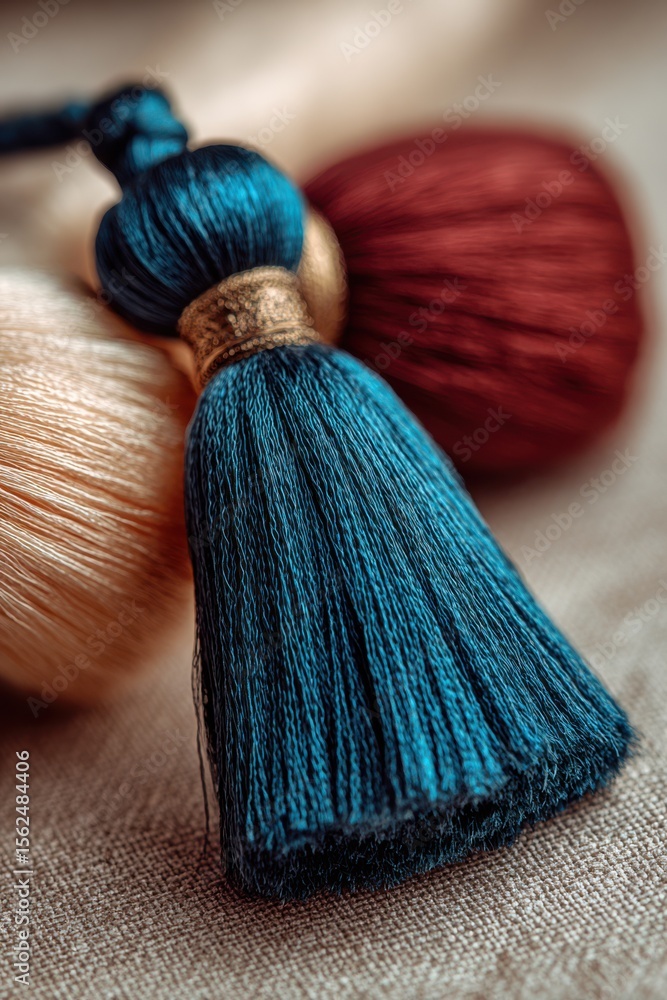 Poster luxurious decorative tassel strings showcase vibrant colors and intricate textures in a close-up vie