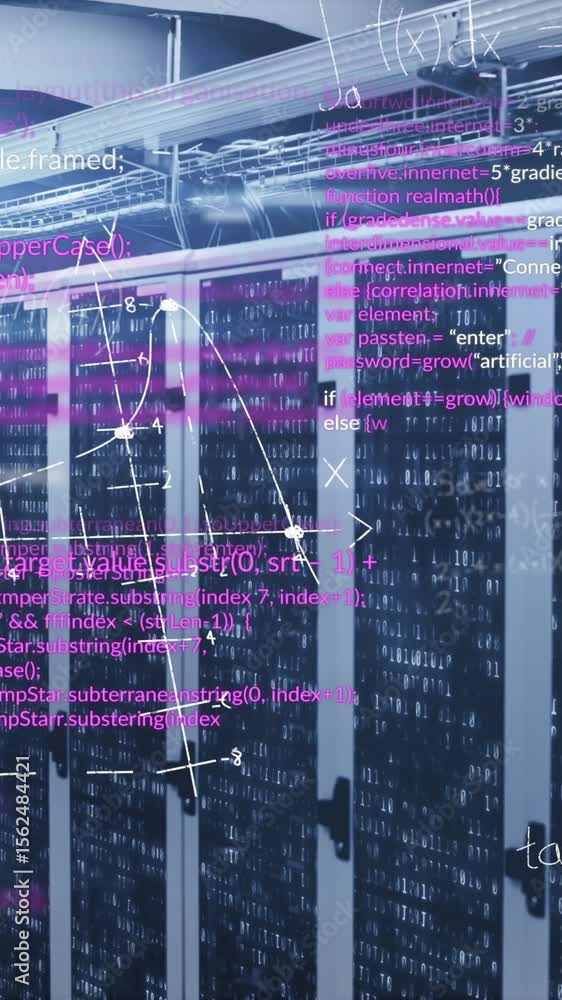 Poster animation of mathematical equations and data processing over computer servers