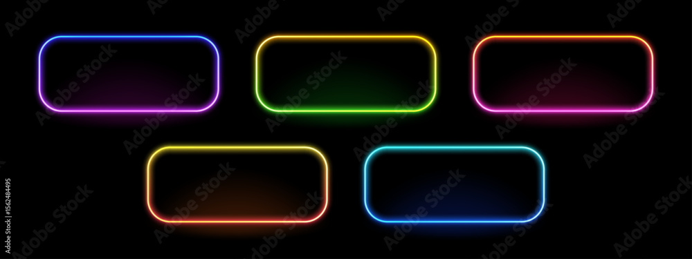 Aufkleber Collection of five colorful neon frame vector. Bright glowing rectangle border on black background for design element presentation.