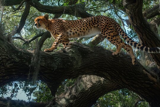 Cheetah walks down twisted tree in savannah