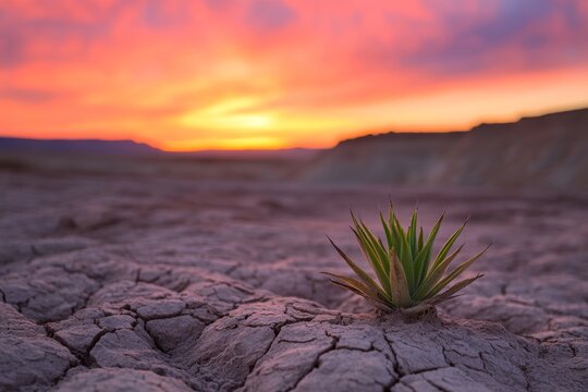 Vibrant sunset over desert landscape with agave plant