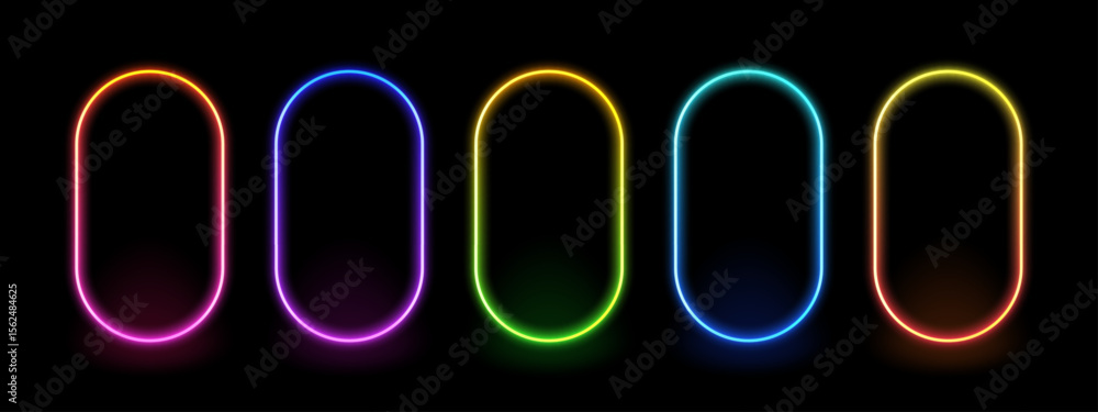 Poster Five neon frames in different rainbow colors on a black background. Abstract luminous electric light design element.