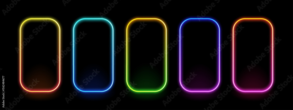 Aufkleber Set of five colorful neon gradient rounded rectangle frames glowing on dark background. Vibrant light border for sign display.