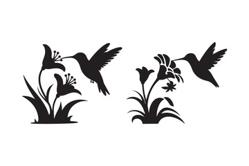 Silhouettes of hummingbirds feeding on lily flowers in a garden
