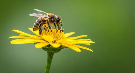 A honeybee collects pollen from a vibrant yellow flower
