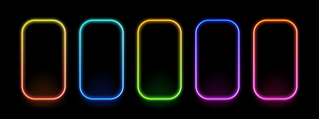 Set of five colorful neon gradient rounded rectangle frames glowing on dark background. Vibrant light border for sign display.