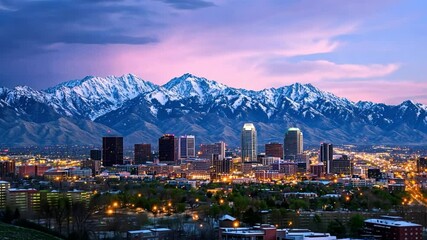Salt Lake City Skyline at Dusk, Majestic Wasatch Mountains - Powered by Adobe