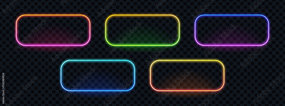 Aufkleber Set of five glowing neon frames with rounded corners. Rectangular light boxes for text or banner. Empty iridescent borders.