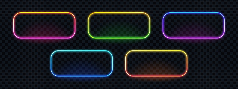 Set of five glowing neon frames with rounded corners. Rectangular light boxes for text or banner. Empty iridescent borders.