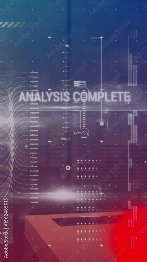 Poster animation of interface with data processing over liquid abstract shapes against tall buildings