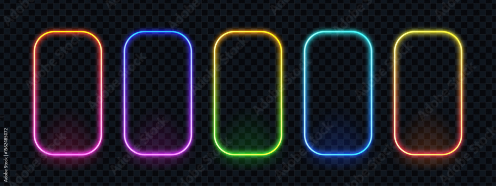 Poster a set of five vertical neon frames in various colors. colorful bright glowing border banners for des