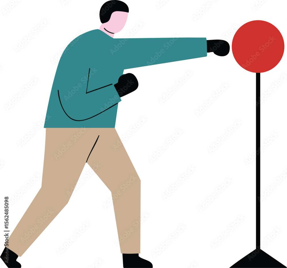 Poster man practicing boxing with punching ball exercise training in casual clothes and gloves vector illus