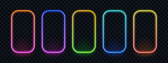 A set of five vertical neon frames in various colors. Colorful bright glowing border banners for design elements. © hiten666