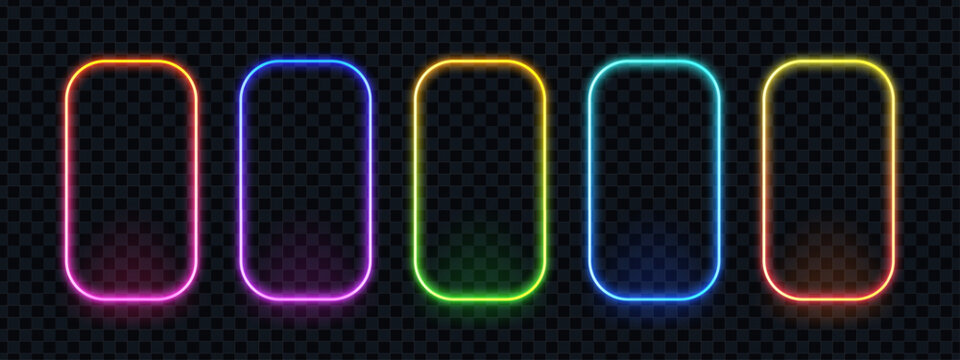 A set of five vertical neon frames in various colors. Colorful bright glowing border banners for design elements.