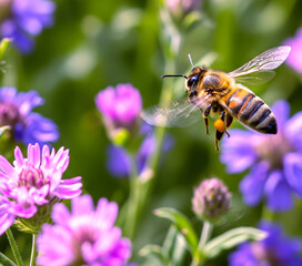 Bee in Flight Among Purple Flowers