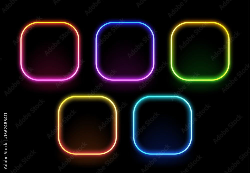 Aufkleber Colorful neon frame vector design. Rounded rectangle shape glow effect. Vibrant futuristic border template for display element.