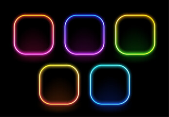 Colorful neon frame vector design. Rounded rectangle shape glow effect. Vibrant futuristic border template for display element.