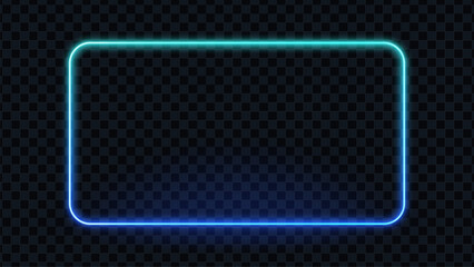 Blue neon rounded rectangle frame with gradient color transition. Glow border for infographic, presentation, ad. Futuristic light effect.