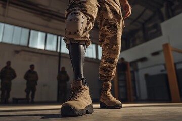 Military veteran with prosthetic leg in camouflage in training facility