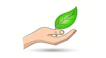 A hand cradles a bright green leaf, isolated on white background