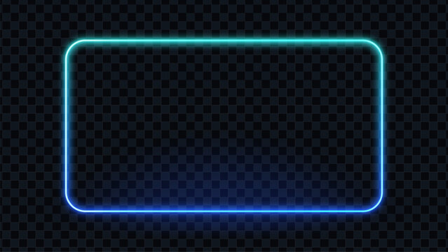 Blue neon rounded rectangle frame with gradient color transition. Glow border for infographic, presentation, ad. Futuristic light effect.
