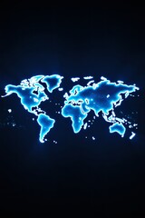 Stylized world map in glowing blue neon on dark background