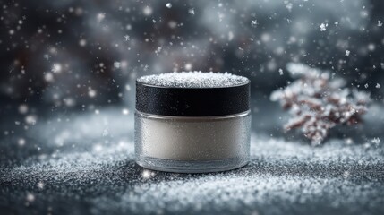 Healing balm container surrounded by a serene winter wonderland with delicate snowflakes falling softly