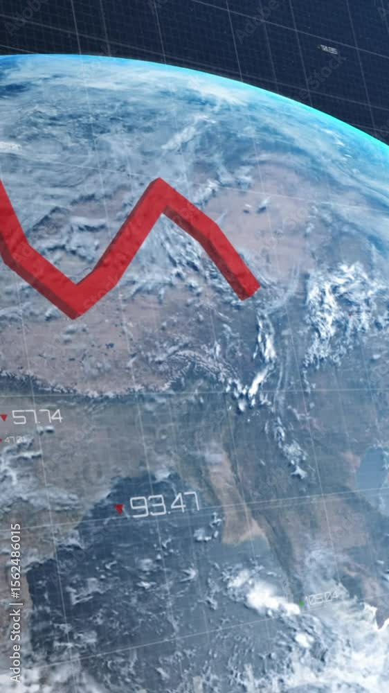 Poster animation of statistics with red line and data processing over earth globe on blue background