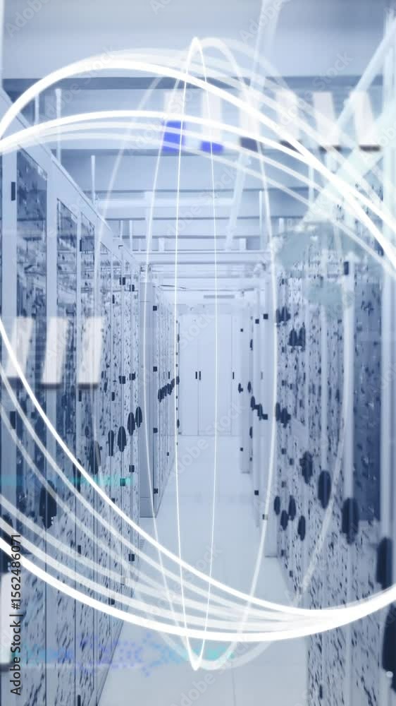 Poster Animation of white circles and data processing over server room