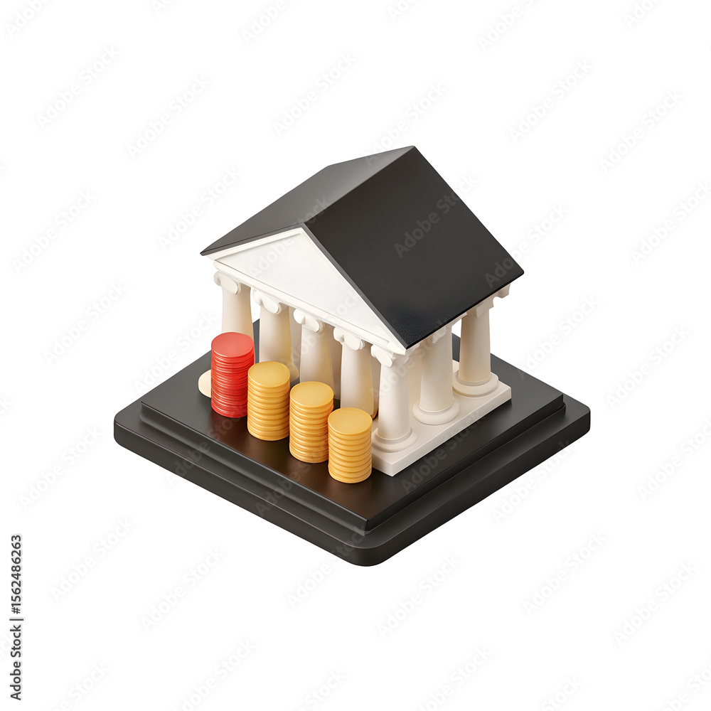Poster bank building with stacked coins isolated on a transparent background