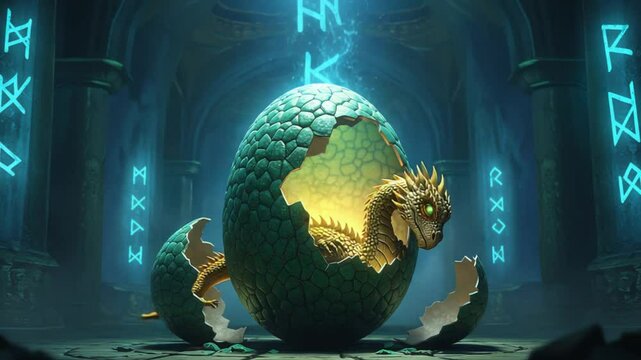 A dragon hatching from a mystical egg in a dimly lit ancient temple with glowing symbols