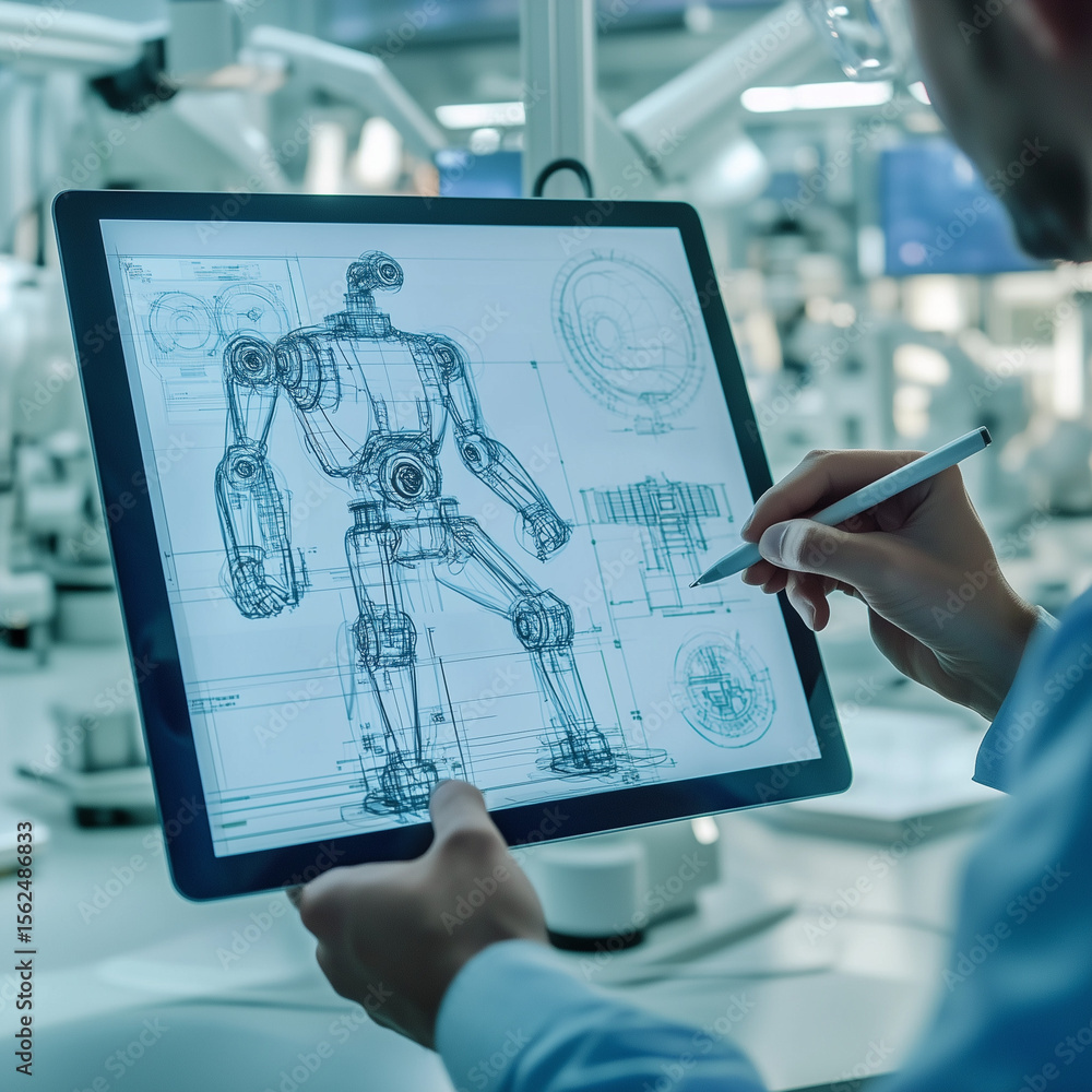 Fototapete A computer engineer draws a robot.