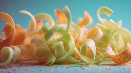 Vibrant curls of vegetable peels swirl on a pastel surface, showcasing nature's elegant waste in a creative display