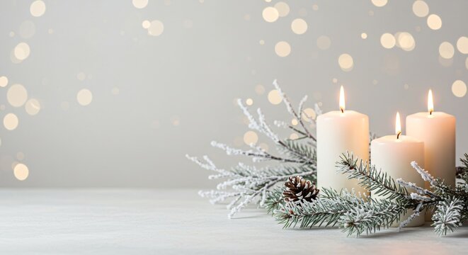 Three white burning candles on a white table. Christmas and new year celebration concept for winter holidays.