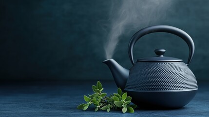 Steaming Black Cast Iron Teapot with Fresh Herbs