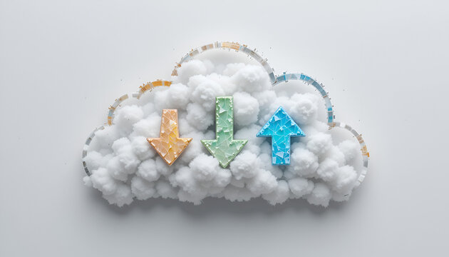 Fluffy cloud shape with vibrant upload and download arrows signifying cloud computing data transfer on a white surface.