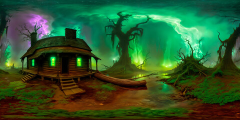 Old cabin in deep swamp, neon green fog. Full 360 degrees seamless spherical panorama HDRI equirectangular projection. Texture environment map for lighting and reflection source rendering 3d scenes