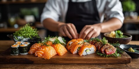 Sushi chef preparing gourmet sushi rolls by hand, and presents in a restaurant kitchen setting.