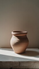 Terracotta pot photography: rustic pottery vase on table in natural light still life image stock photo