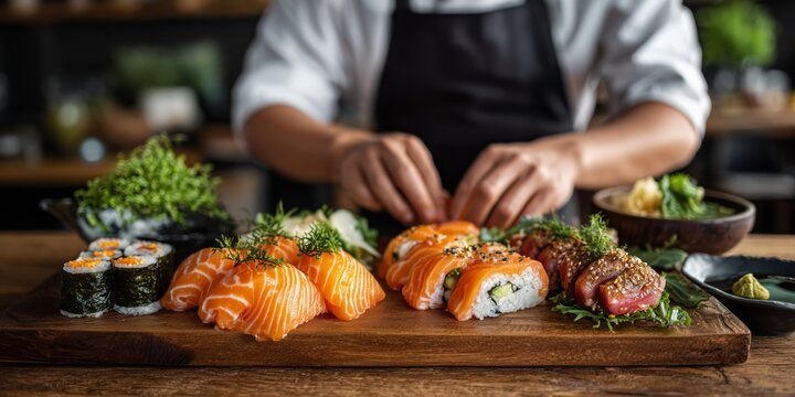 Sushi chef preparing gourmet sushi rolls by hand, and presents in a restaurant kitchen setting. - Powered by Adobe