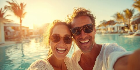 Golden Hour Delight: Enthusiastic Couple Captures a Vibrant Resort Selfie, Radiating Happiness and Summer Vacation Bliss by the Pool