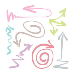 Colorful hand drawn doodle arrows set. Vector illustration with multicolored sketch style arrows, curves, spirals, zigzag and dashed lines pointing in various directions.