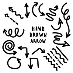 Hand drawn doodle arrows set. Black line arrows and curves in different directions. Sketch style spiral, zigzag, wavy, curved, straight, dashed lines and circles