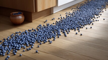 Messy blueberry trail from countertop to floor creates vibrant kitchen contrast