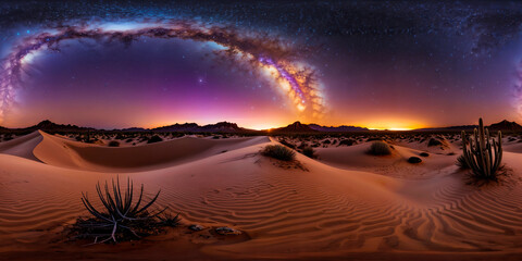Desert, night sky, star constellation, cacti. Full 360 degrees seamless spherical panorama HDRI equirectangular projection. Texture environment map for lighting, reflection source rendering 3d scenes